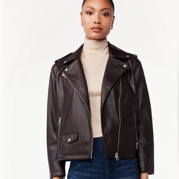 Scoop Neck Faux Leather Moto Jacket - Picture 3 of 16